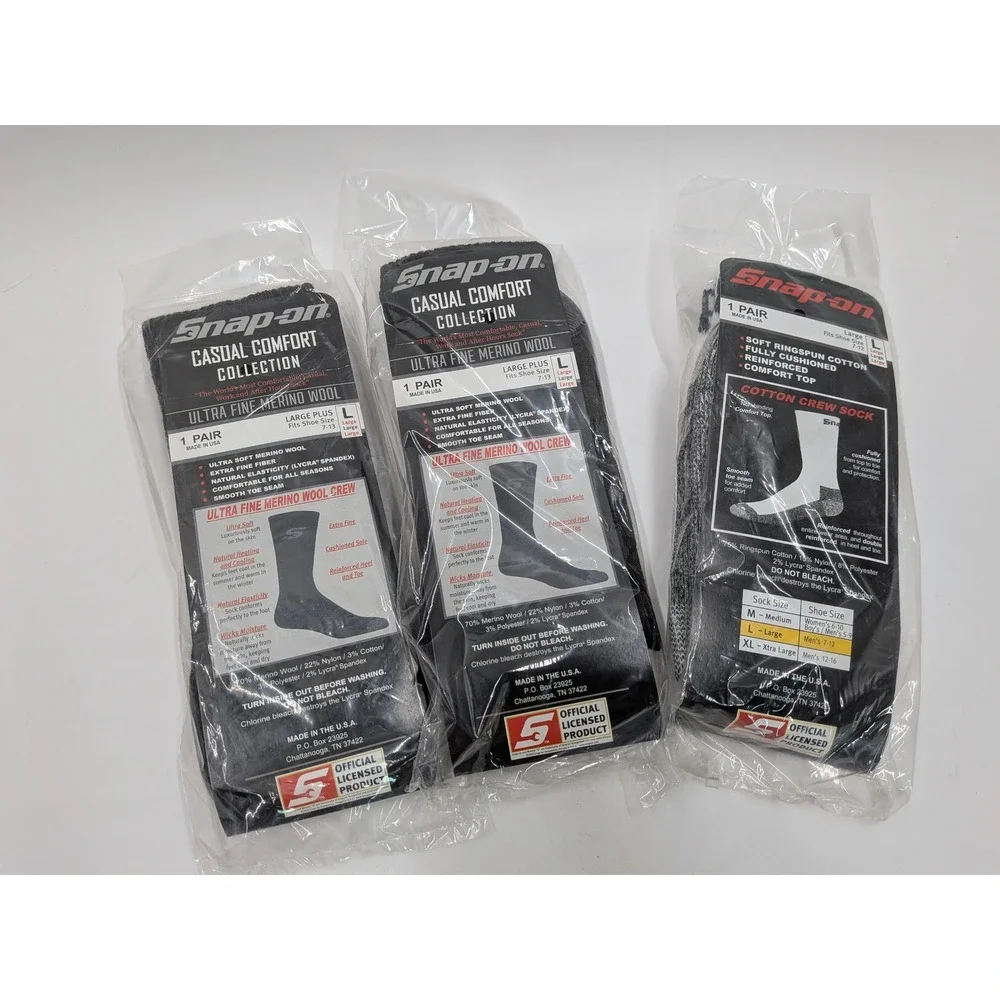 Snap-on Men 3 Pair Sock Bundle Merino Wool & Cotton Crew Work Socks Size L 7-12